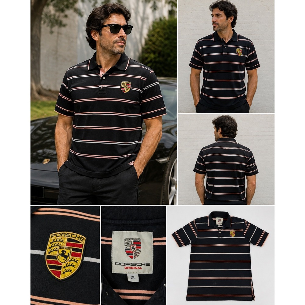 Porsche Original Mens XL Polo Shirt Black Pink White Striped Embroidered Crest